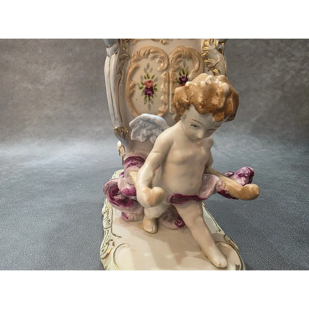 Vintage Porcelain Cherub Sedan Chair Centerpiece Gold Gilt Floral Figurine 8